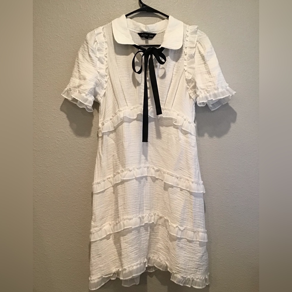 White Tiered Ruffle Coquette Dress with cute collar tie.